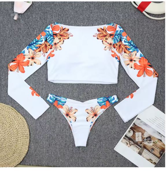 Mirla | Blooms Tryckt Långärmad Crop Rash Guard Bikini Set-Eva Jonsson