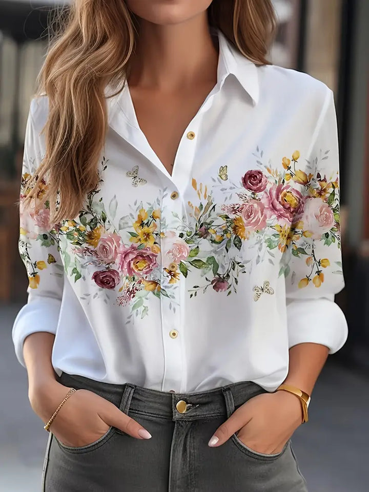 Mirla | Blus för kvinnor med blommönster, avslappnad skjortblus med långa ärmar-Eva Jonsson