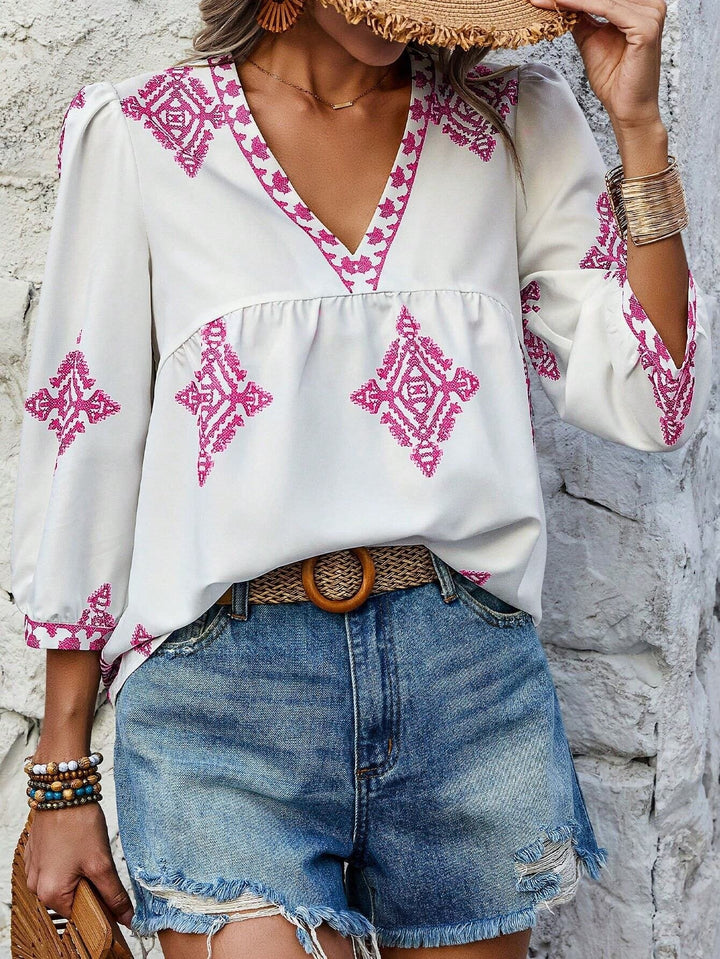 Mirla | Boho Chic V-hals Broderad Blus för Kvinnor-Eva Jonsson
