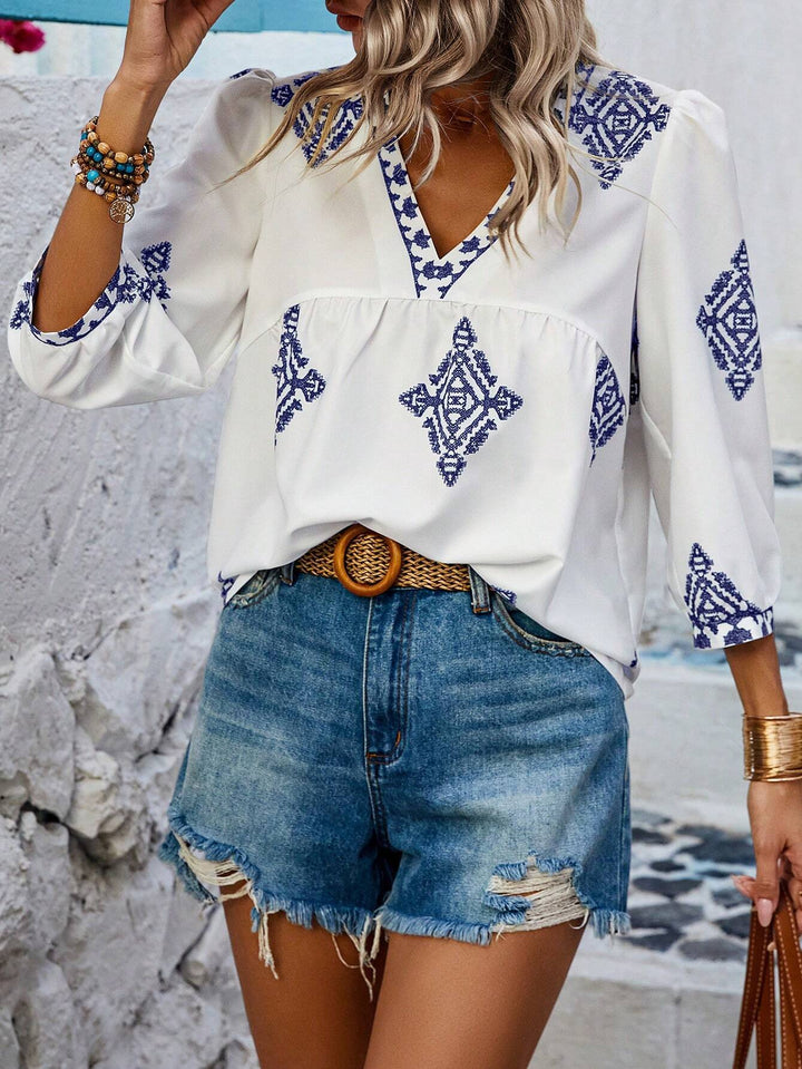Mirla | Boho Chic V-hals Broderad Blus för Kvinnor-Eva Jonsson