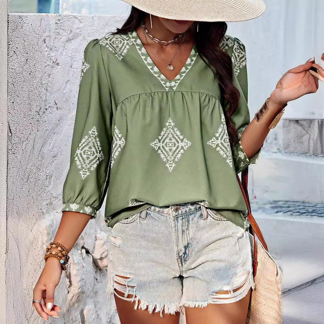 Mirla | Boho Chic V-hals Broderad Blus för Kvinnor-Eva Jonsson