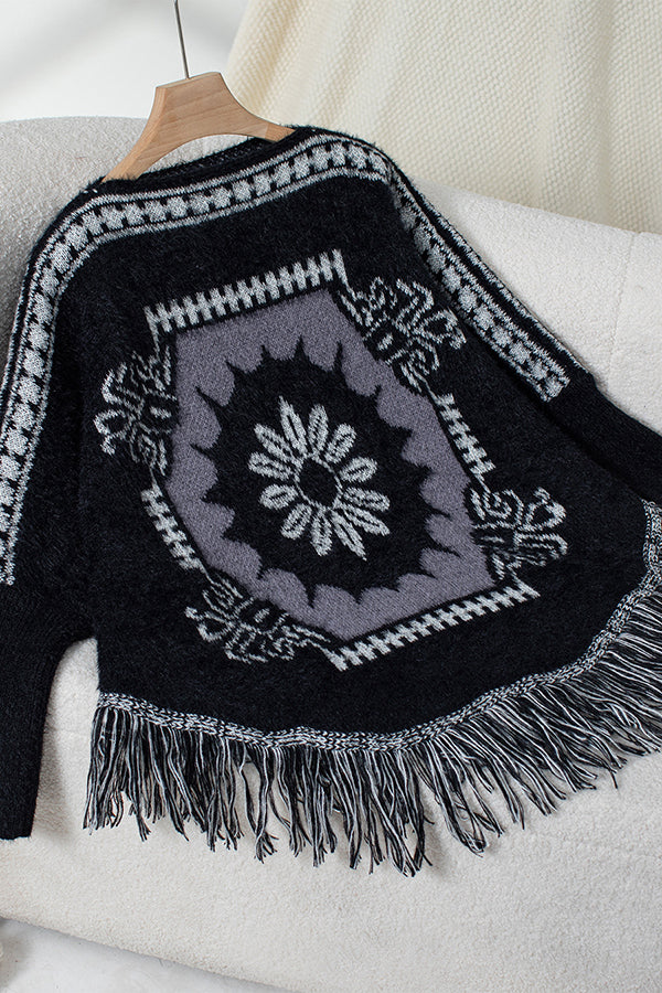 Mirla | Boho Stickad Tröja med Fransar Nederkant-Eva Jonsson