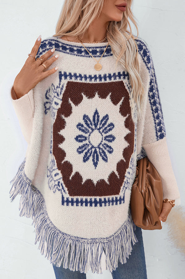 Mirla | Boho Stickad Tröja med Fransar Nederkant-Eva Jonsson
