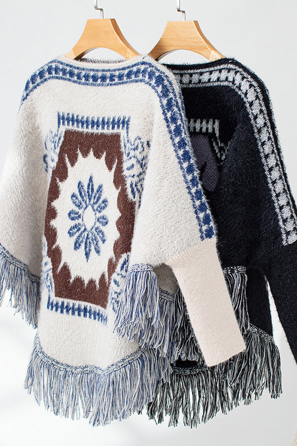 Mirla | Boho Stickad Tröja med Fransar Nederkant-Eva Jonsson