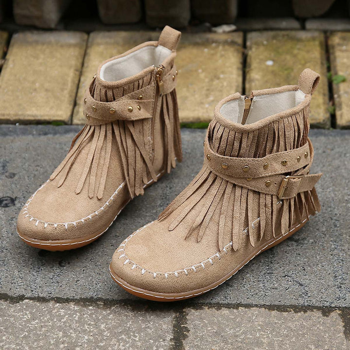 Mirla | Boho ankelsko med fransar och spännen för damer-Eva Jonsson