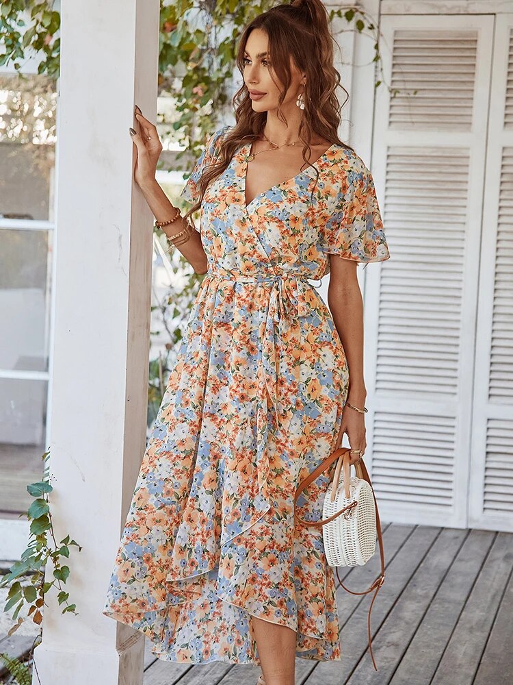 Mirla | Boho stil kortärmad sommarklänning midi klänning-Eva Jonsson