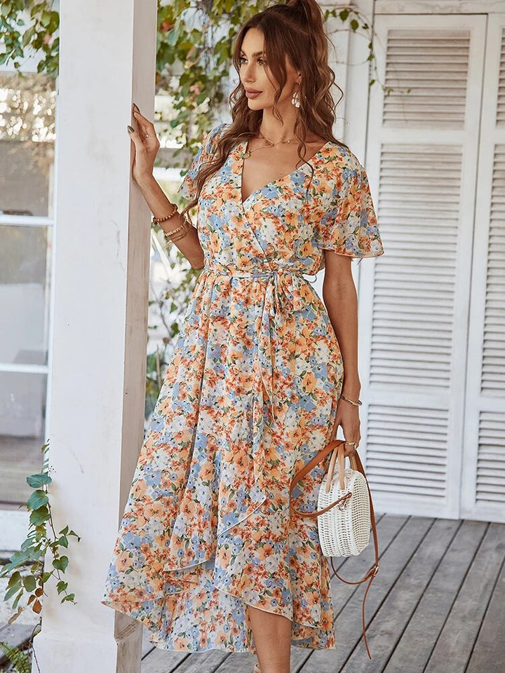 Mirla | Boho stil kortärmad sommarklänning midi klänning-Eva Jonsson