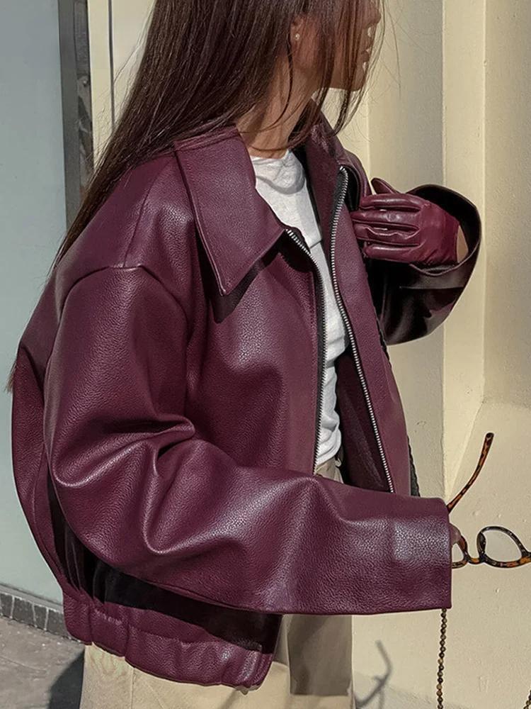 Mirla | Bordeaux Röd Faux Läderjacka med Stilig Reverskrage och Dragkedjedetalj-Eva Jonsson