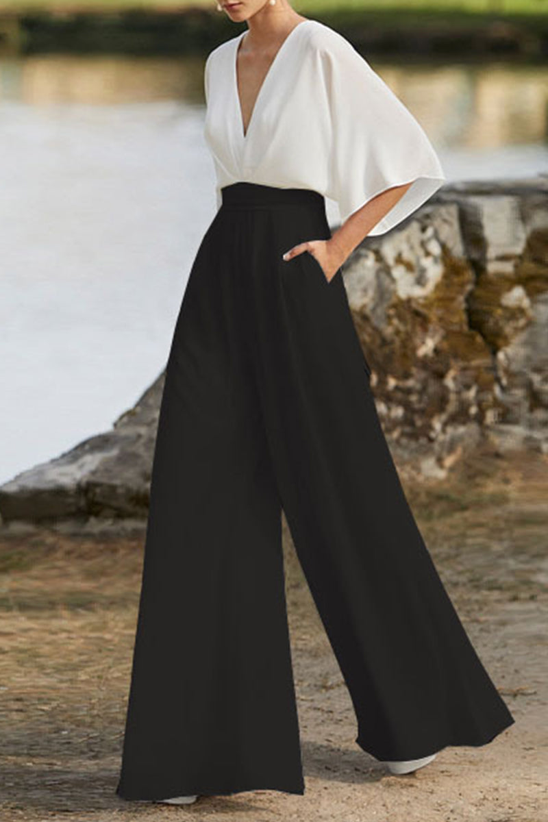 Mirla | Brittisk stil Elegant färgblock väska kontrast V-ringning lös jumpsuits-Eva Jonsson