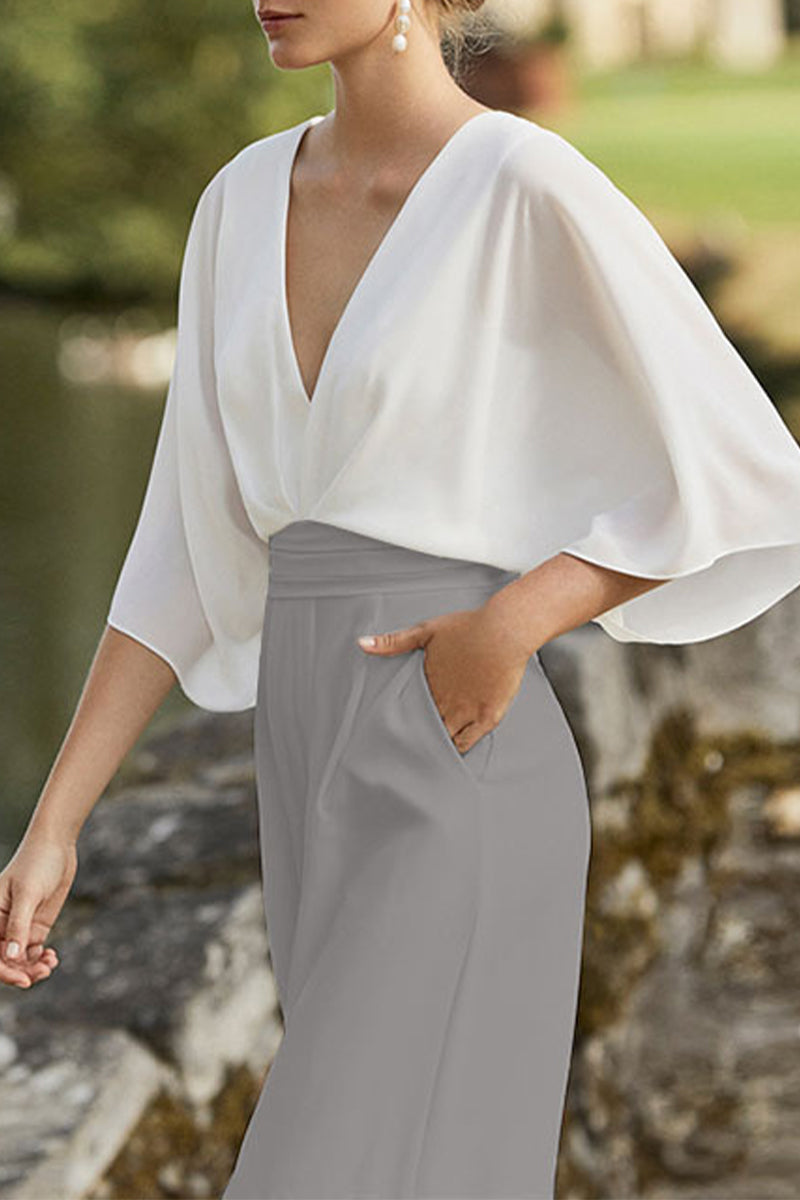Mirla | Brittisk stil Elegant färgblock väska kontrast V-ringning lös jumpsuits-Eva Jonsson