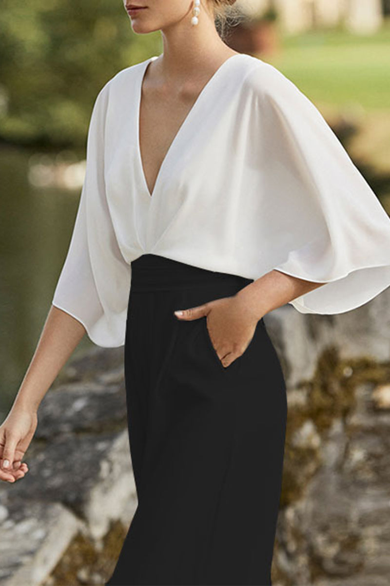 Mirla | Brittisk stil Elegant färgblock väska kontrast V-ringning lös jumpsuits-Eva Jonsson