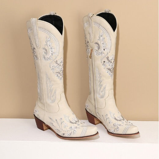 Mirla | Broderade Western Denim Retro Dam Knälånga Stövlar-Eva Jonsson