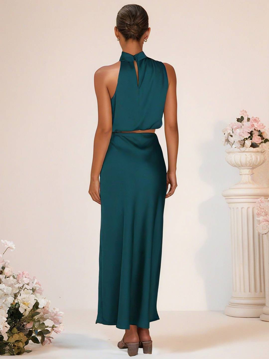 Mirla | Brudtärneklänning Satin Rullkrage Utan Ärmar Cropped Lång Kjol Dam Elegant Tärnklänning-Eva Jonsson