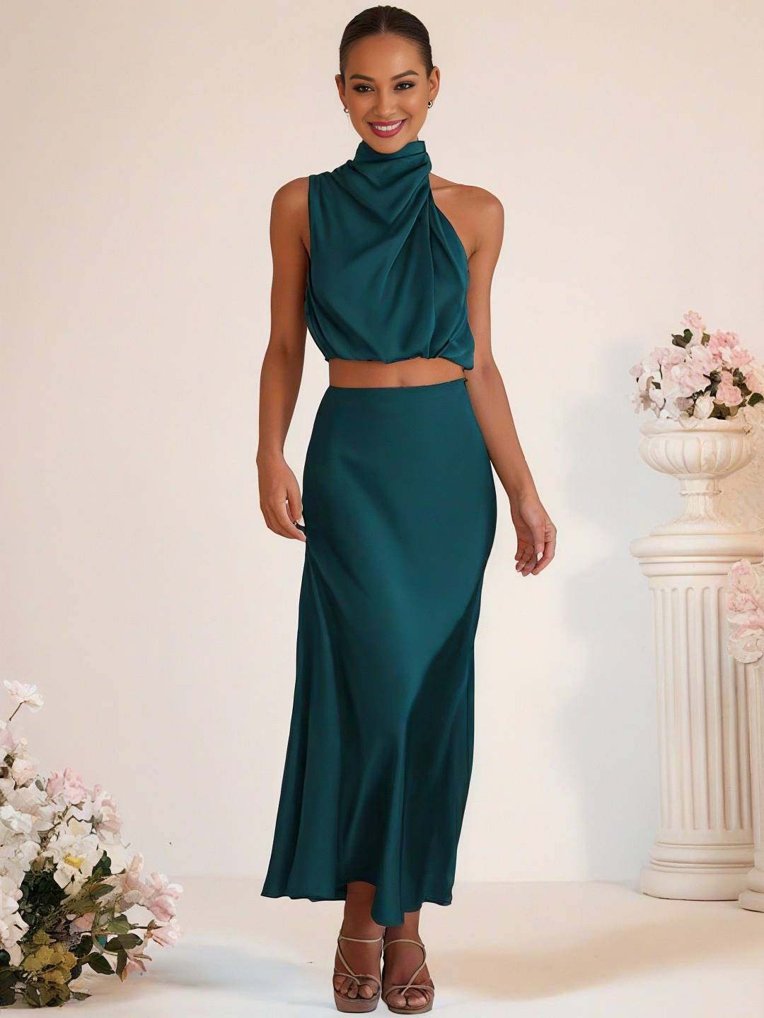 Mirla | Brudtärneklänning Satin Rullkrage Utan Ärmar Cropped Lång Kjol Dam Elegant Tärnklänning-Eva Jonsson