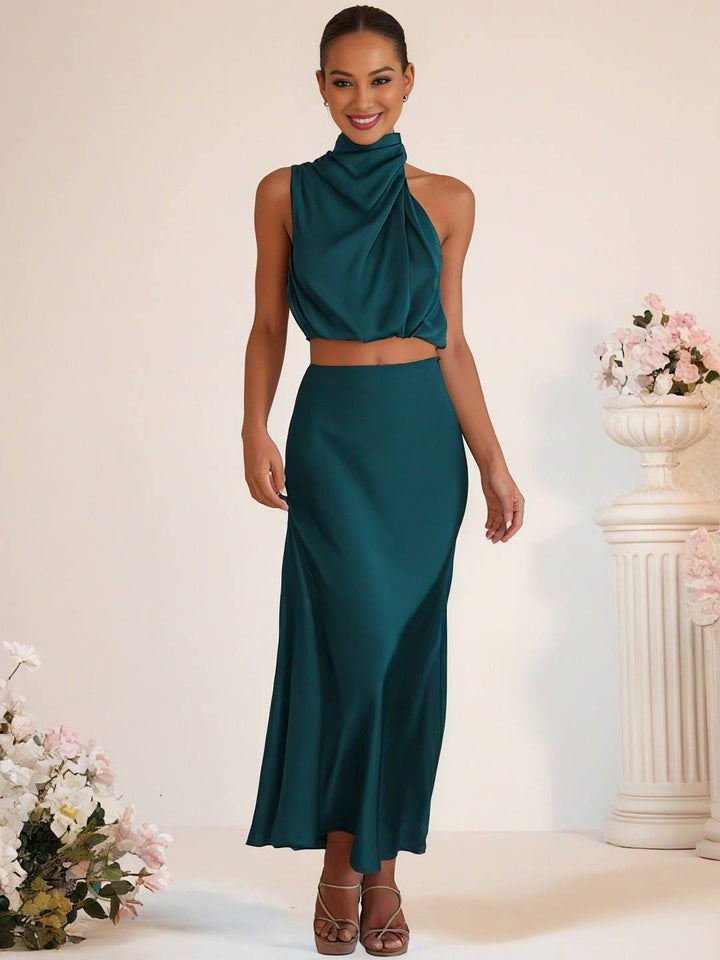 Mirla | Brudtärneklänning Satin Rullkrage Utan Ärmar Cropped Lång Kjol Dam Elegant Tärnklänning-Eva Jonsson