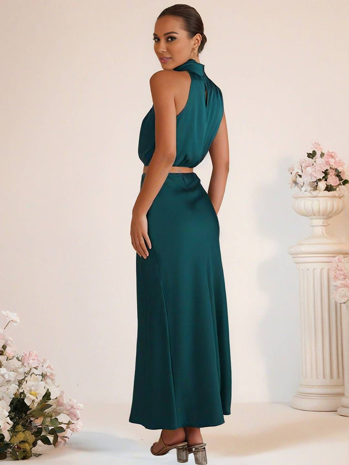 Mirla | Brudtärneklänning Satin Rullkrage Utan Ärmar Cropped Lång Kjol Dam Elegant Tärnklänning-Eva Jonsson