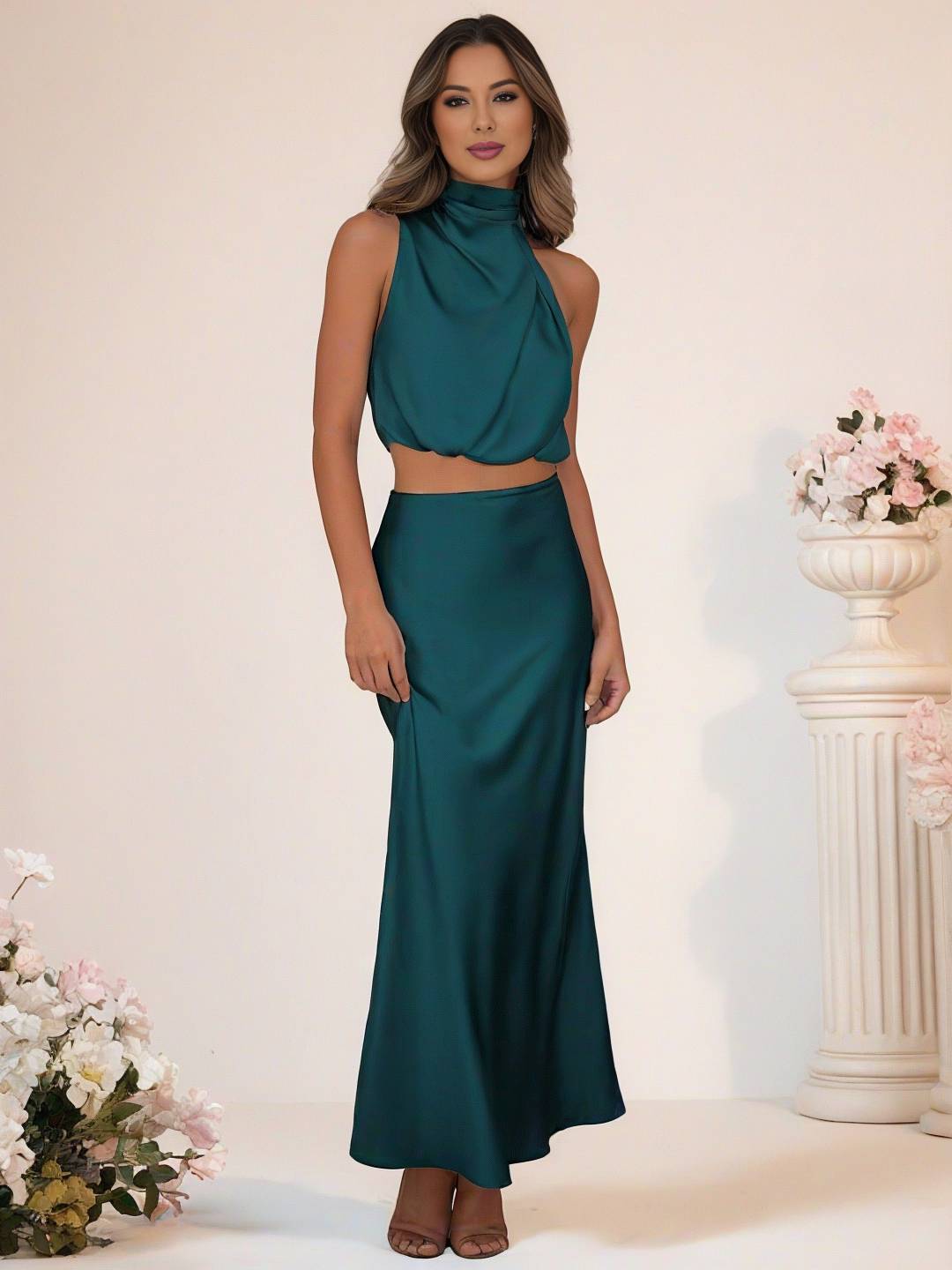 Mirla | Brudtärneklänning Satin Rullkrage Utan Ärmar Cropped Lång Kjol Dam Elegant Tärnklänning-Eva Jonsson