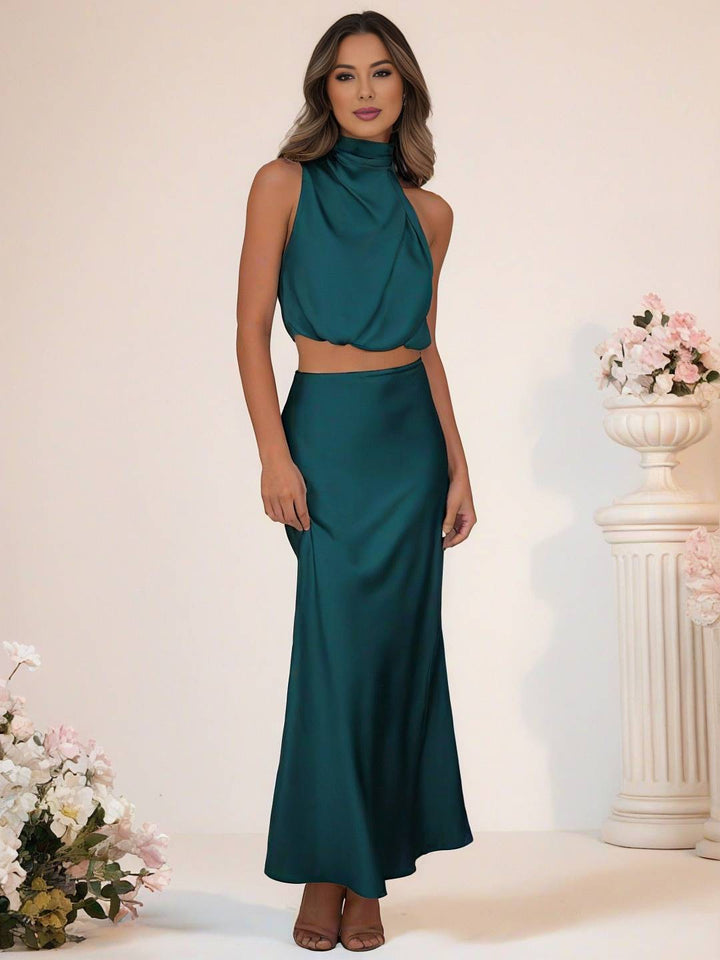 Mirla | Brudtärneklänning Satin Rullkrage Utan Ärmar Cropped Lång Kjol Dam Elegant Tärnklänning-Eva Jonsson