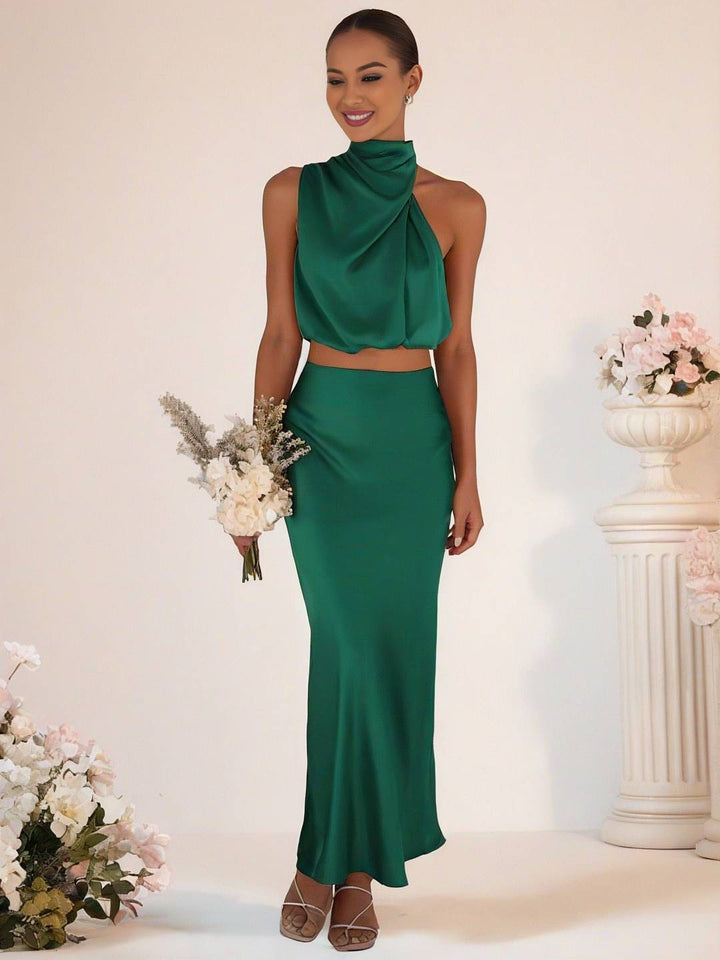 Mirla | Brudtärneklänning Satin Rullkrage Utan Ärmar Cropped Lång Kjol Dam Elegant Tärnklänning-Eva Jonsson