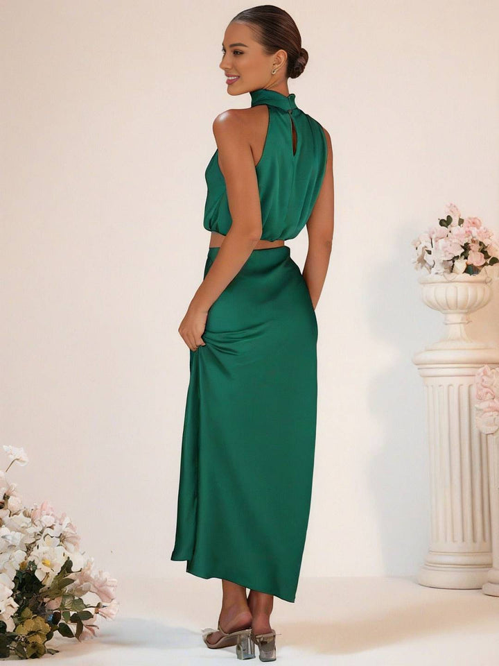 Mirla | Brudtärneklänning Satin Rullkrage Utan Ärmar Cropped Lång Kjol Dam Elegant Tärnklänning-Eva Jonsson