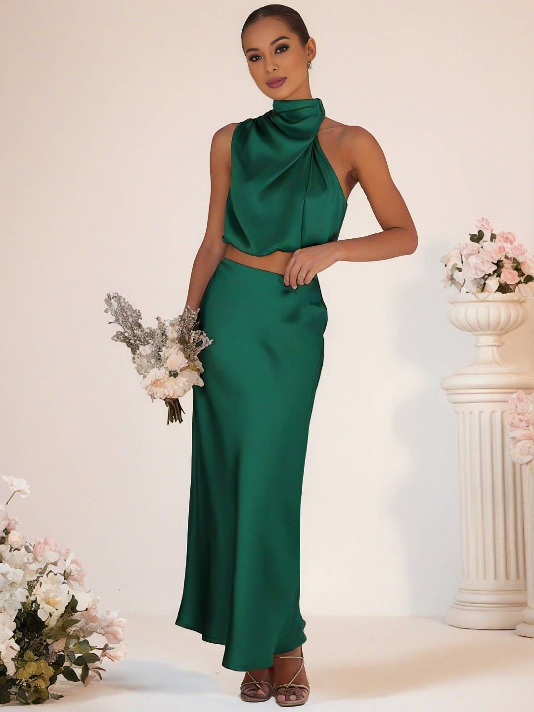Mirla | Brudtärneklänning Satin Rullkrage Utan Ärmar Cropped Lång Kjol Dam Elegant Tärnklänning-Eva Jonsson