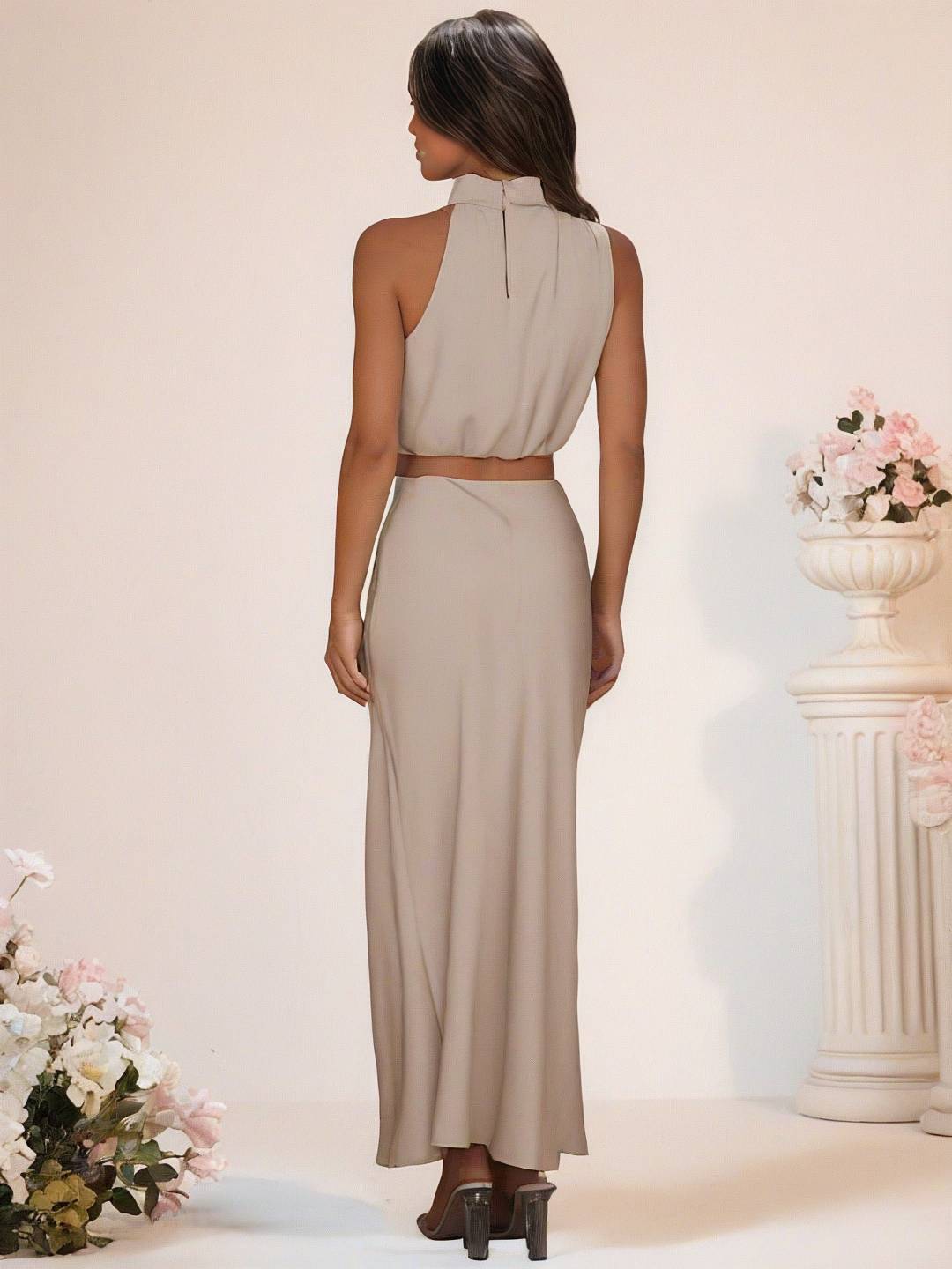 Mirla | Brudtärneklänning Satin Rullkrage Utan Ärmar Cropped Lång Kjol Dam Elegant Tärnklänning-Eva Jonsson