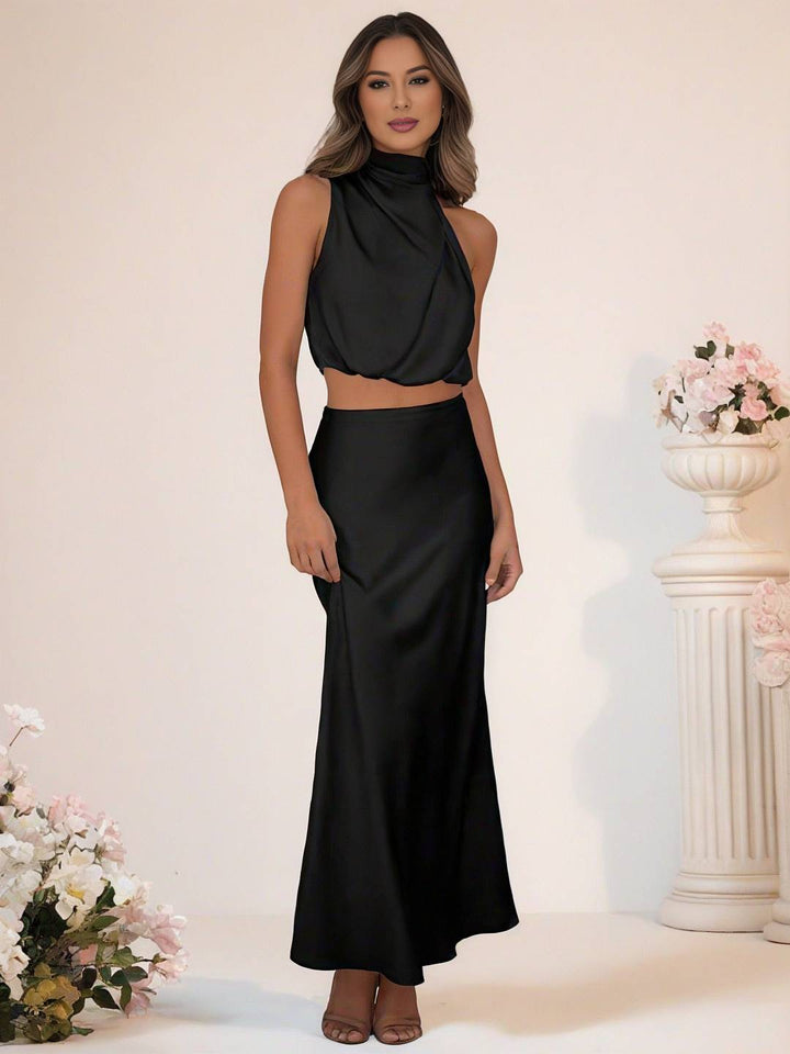 Mirla | Brudtärneklänning Satin Rullkrage Utan Ärmar Cropped Lång Kjol Dam Elegant Tärnklänning-Eva Jonsson