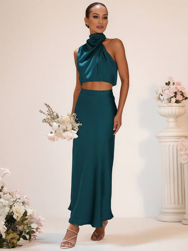 Mirla | Brudtärneklänning Satin Rullkrage Utan Ärmar Cropped Lång Kjol Dam Elegant Tärnklänning-Eva Jonsson