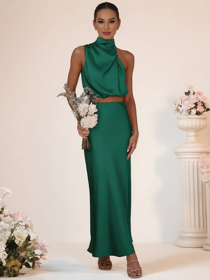 Mirla | Brudtärneklänning Satin Rullkrage Utan Ärmar Cropped Lång Kjol Dam Elegant Tärnklänning-Eva Jonsson