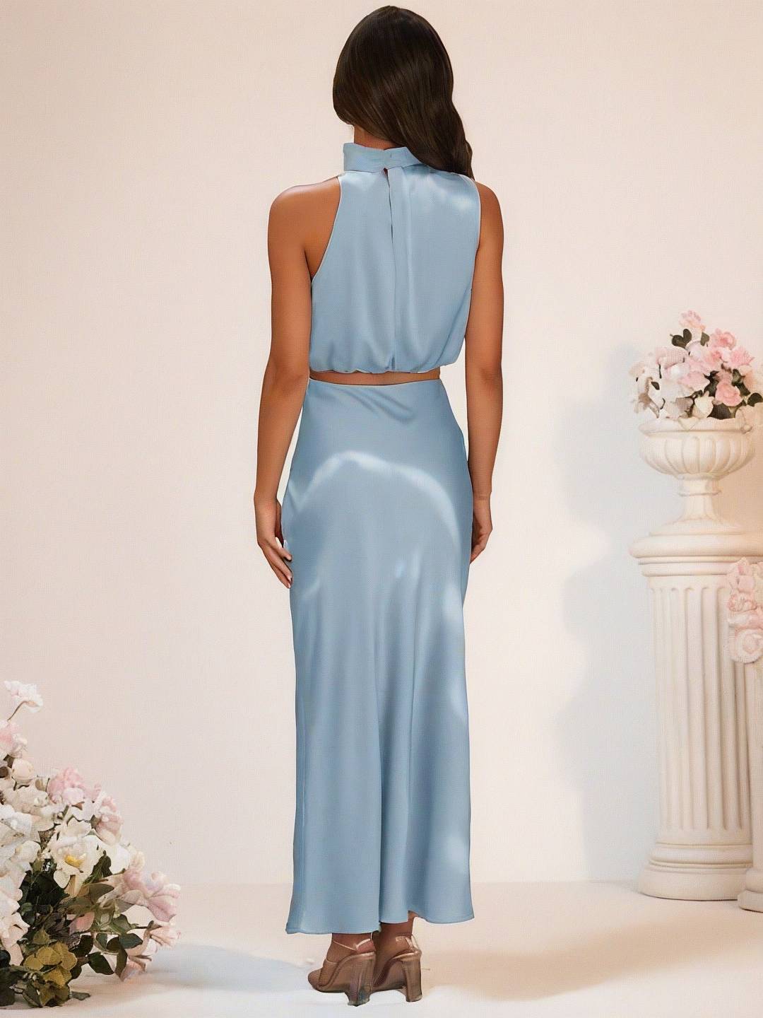 Mirla | Brudtärneklänning Satin Rullkrage Utan Ärmar Cropped Lång Kjol Dam Elegant Tärnklänning-Eva Jonsson