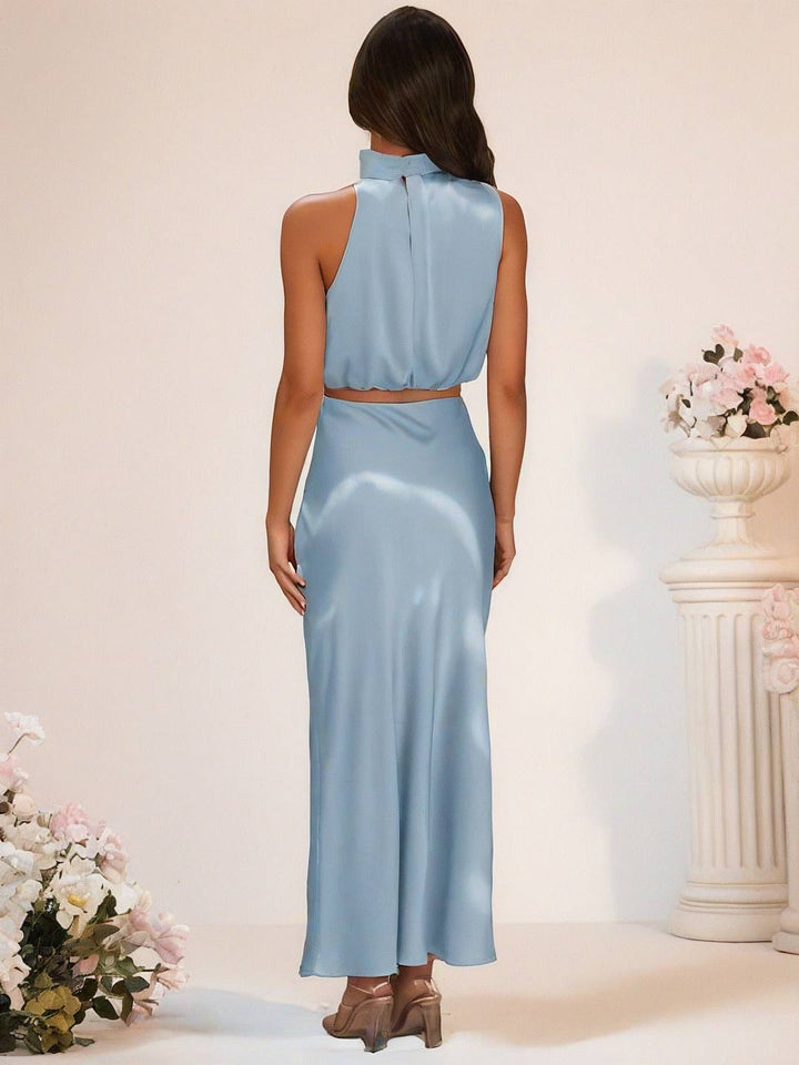Mirla | Brudtärneklänning Satin Rullkrage Utan Ärmar Cropped Lång Kjol Dam Elegant Tärnklänning-Eva Jonsson