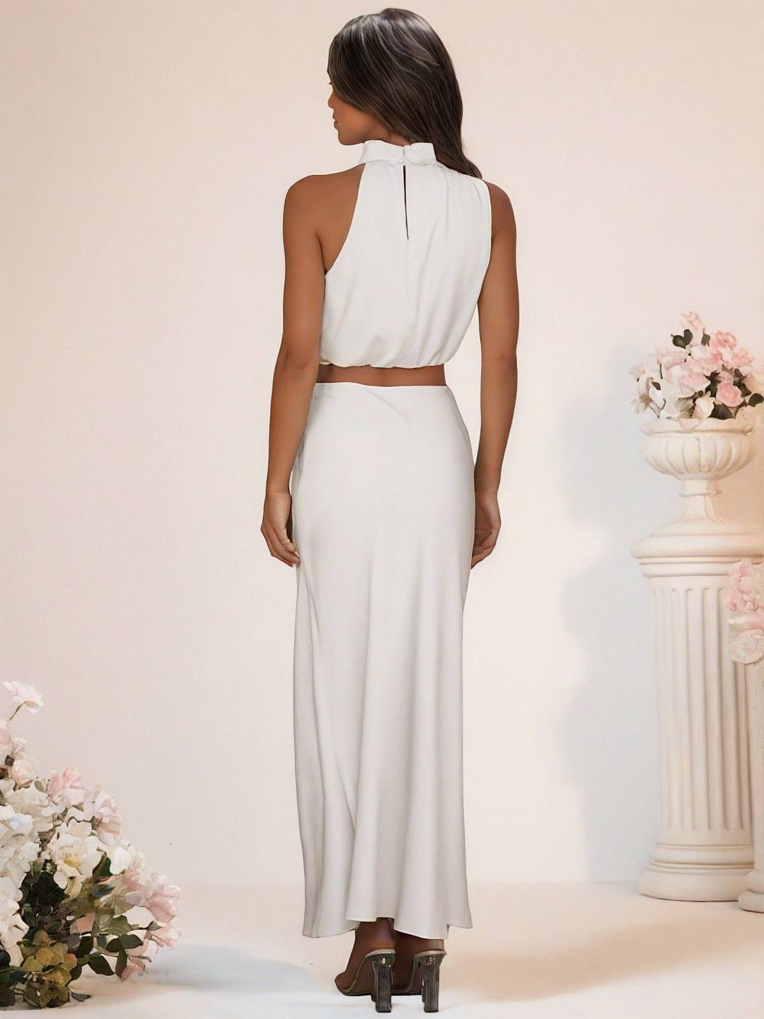 Mirla | Brudtärneklänning Satin Rullkrage Utan Ärmar Cropped Lång Kjol Dam Elegant Tärnklänning-Eva Jonsson