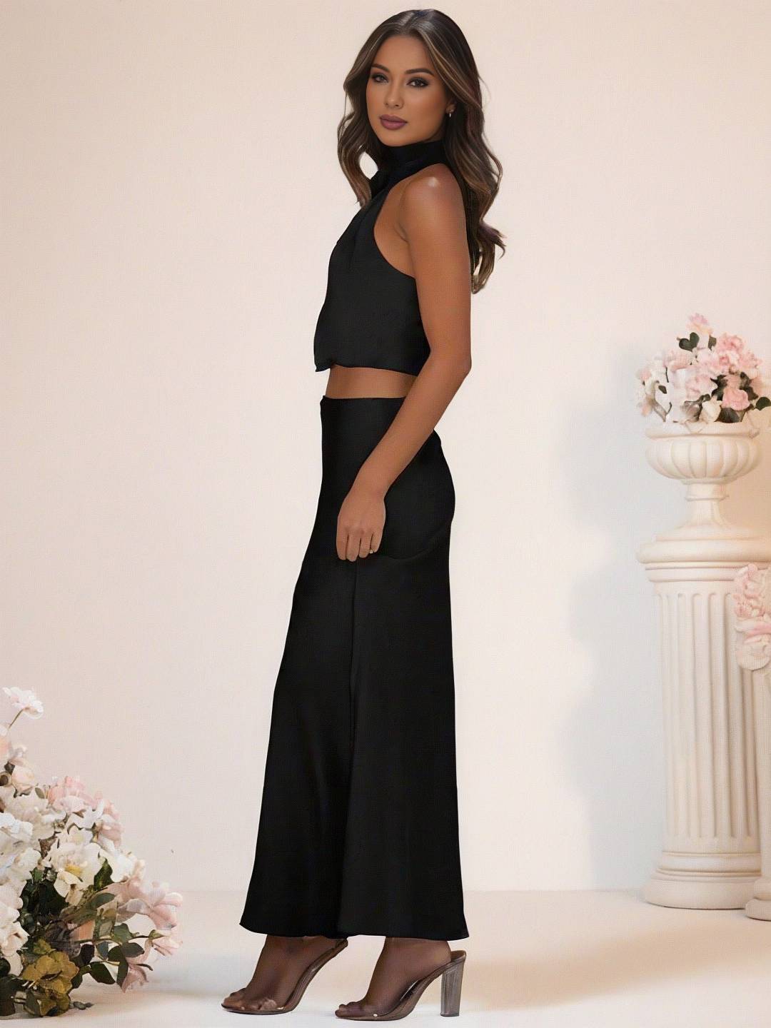 Mirla | Brudtärneklänning Satin Rullkrage Utan Ärmar Cropped Lång Kjol Dam Elegant Tärnklänning-Eva Jonsson