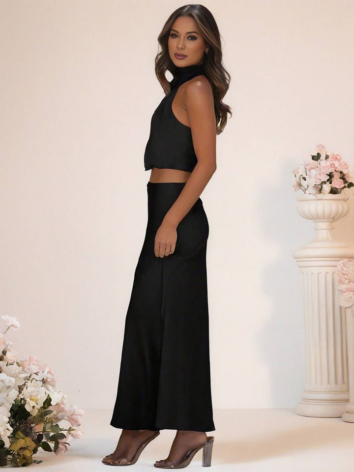 Mirla | Brudtärneklänning Satin Rullkrage Utan Ärmar Cropped Lång Kjol Dam Elegant Tärnklänning-Eva Jonsson