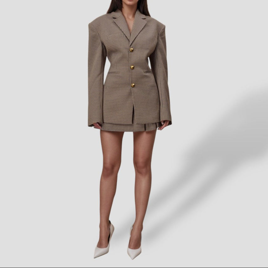 Mirla | Bruna Vintage Rutig Blazer med Guldknappar – Lång Kappa-Eva Jonsson