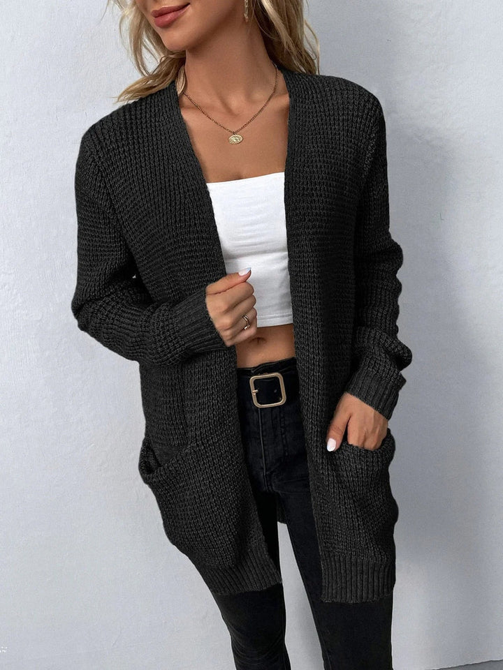 Mirla | Cardigan Lång Öppen Fram Stickad Textur Mjuka Ribbad Kanter med Fickor-Eva Jonsson