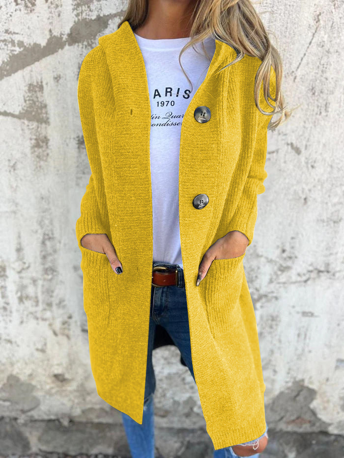 Mirla | Cardigan Lång Öppen Framsidan Ribbad Stickad Knapplist & Framlomm pockets-Eva Jonsson
