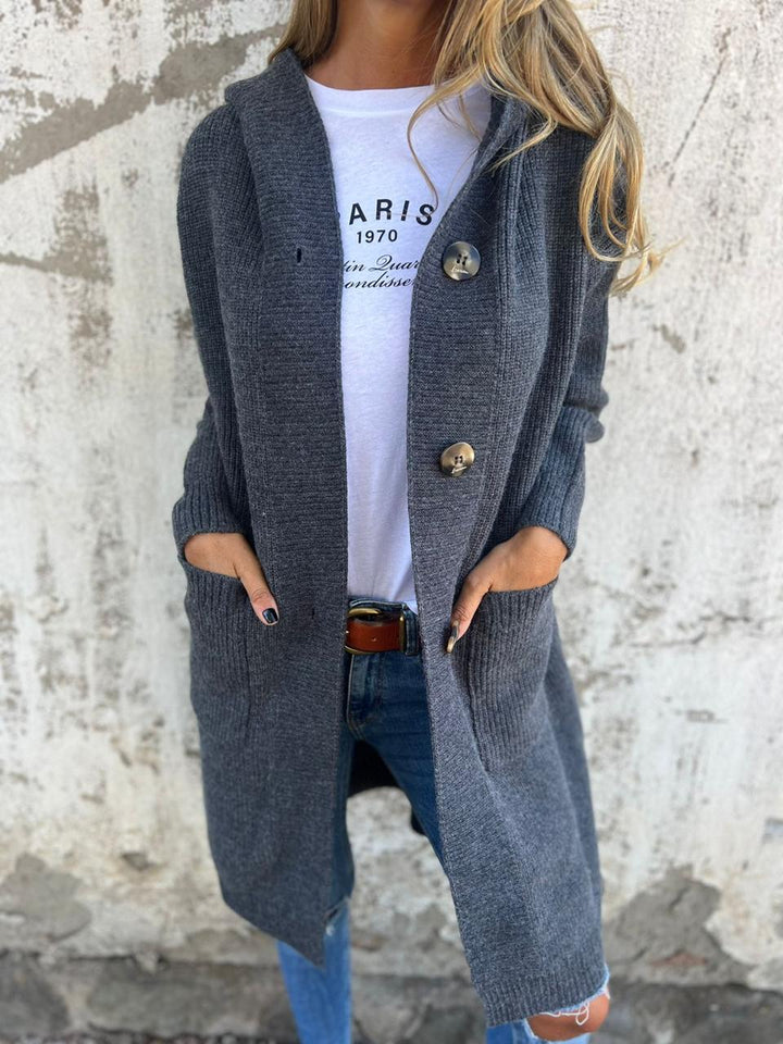 Mirla | Cardigan Lång Öppen Framsidan Ribbad Stickad Knapplist & Framlomm pockets-Eva Jonsson