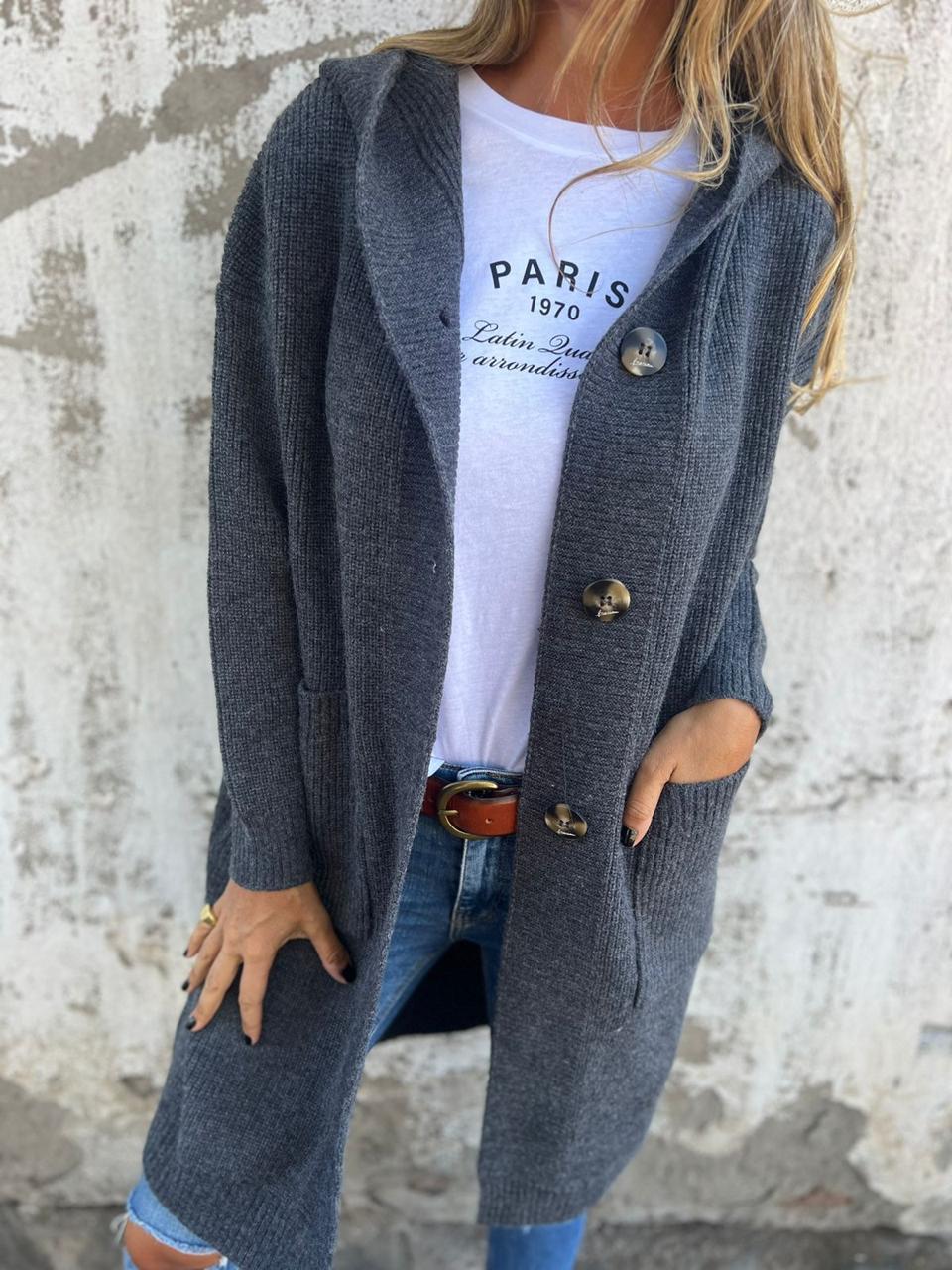 Mirla | Cardigan Lång Öppen Framsidan Ribbad Stickad Knapplist & Framlomm pockets-Eva Jonsson