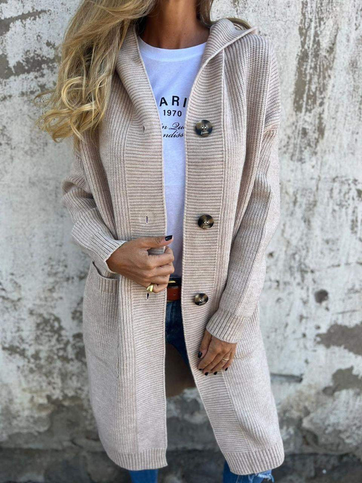 Mirla | Cardigan Lång Öppen Framsidan Ribbad Stickad Knapplist & Framlomm pockets-Eva Jonsson