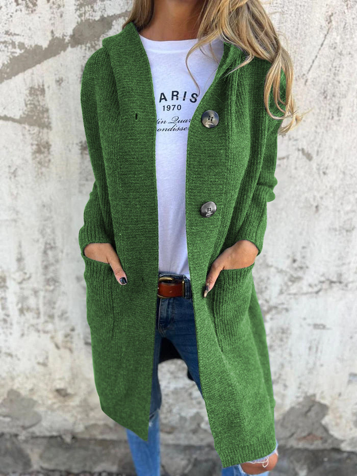 Mirla | Cardigan Lång Öppen Framsidan Ribbad Stickad Knapplist & Framlomm pockets-Eva Jonsson