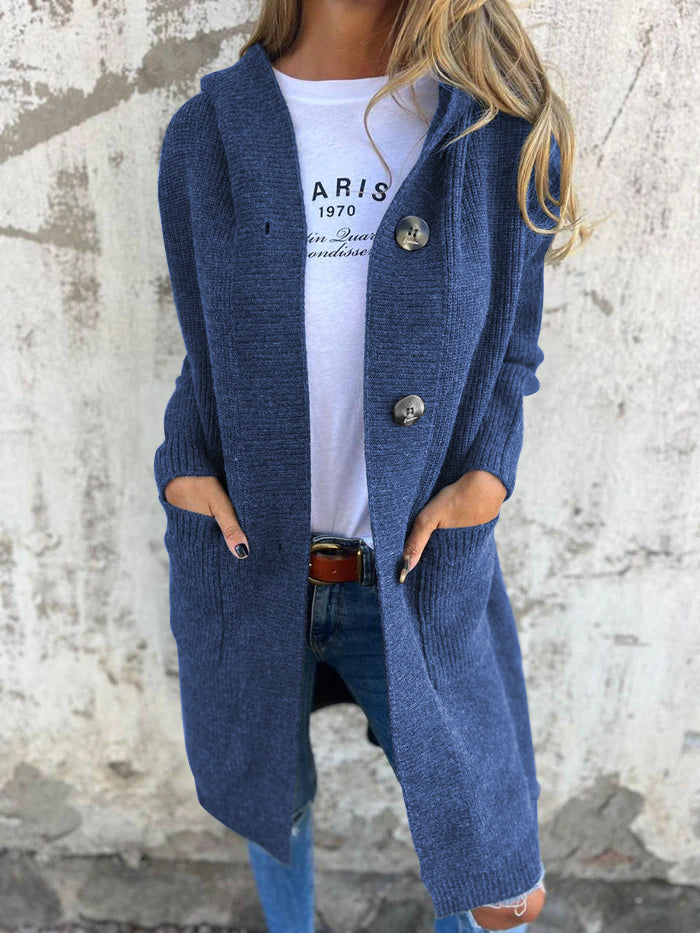 Mirla | Cardigan Lång Öppen Framsidan Ribbad Stickad Knapplist & Framlomm pockets-Eva Jonsson