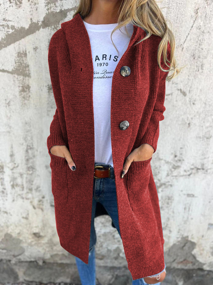Mirla | Cardigan Lång Öppen Framsidan Ribbad Stickad Knapplist & Framlomm pockets-Eva Jonsson