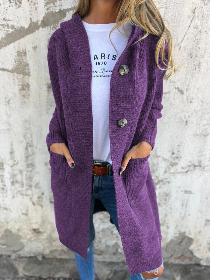 Mirla | Cardigan Lång Öppen Framsidan Ribbad Stickad Knapplist & Framlomm pockets-Eva Jonsson
