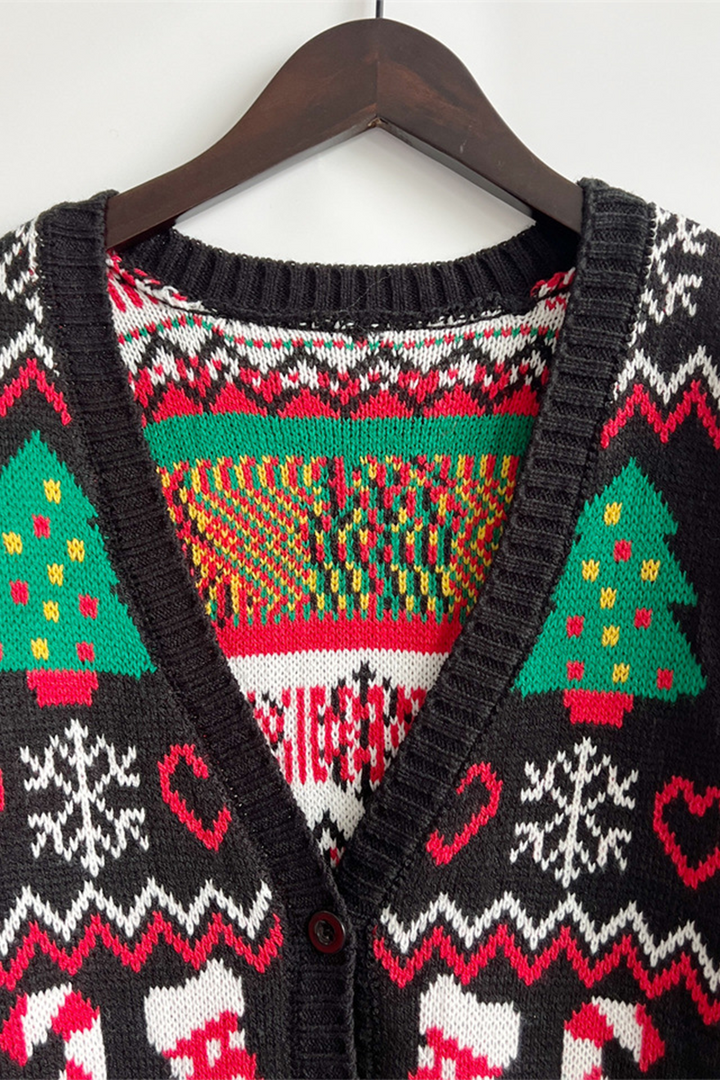 Mirla | Casual Snöflingor Julgran Knappar Tyg Kontrast V-Hals Överklädnad-Eva Jonsson
