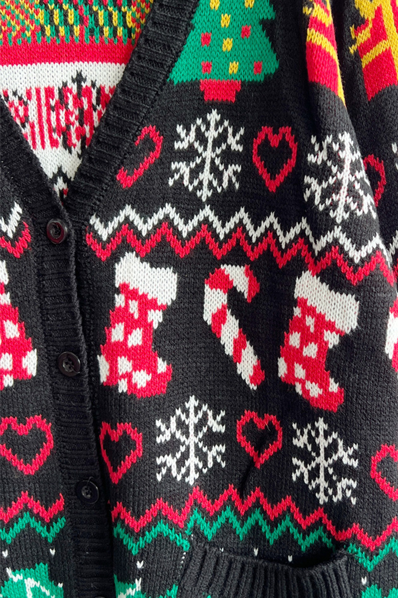 Mirla | Casual Snöflingor Julgran Knappar Tyg Kontrast V-Hals Överklädnad-Eva Jonsson