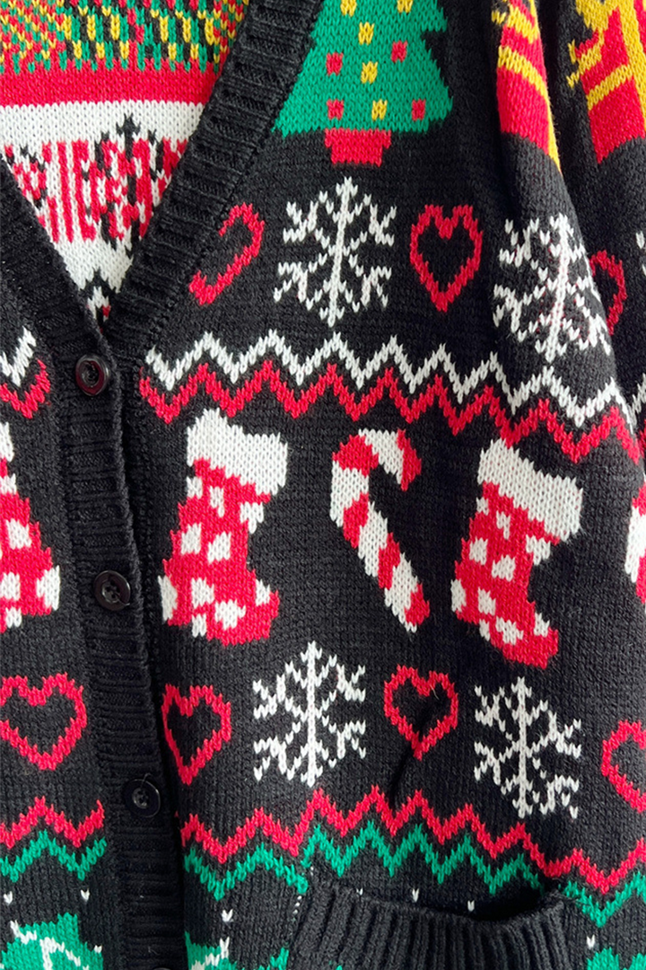 Mirla | Casual Snöflingor Julgran Knappar Tyg Kontrast V-Hals Överklädnad-Eva Jonsson