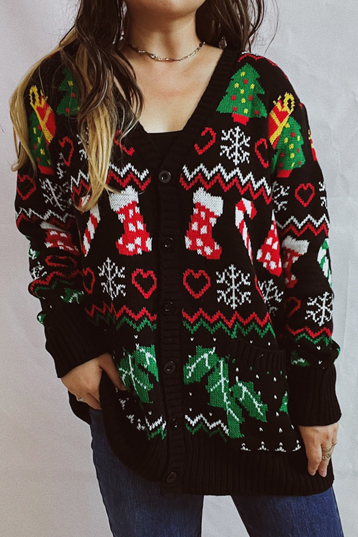 Mirla | Casual Snöflingor Julgran Knappar Tyg Kontrast V-Hals Överklädnad-Eva Jonsson