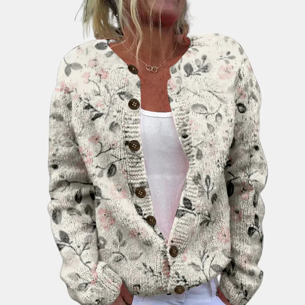 Mirla | Chic Grå Fallande Blommor Cardigan-Eva Jonsson