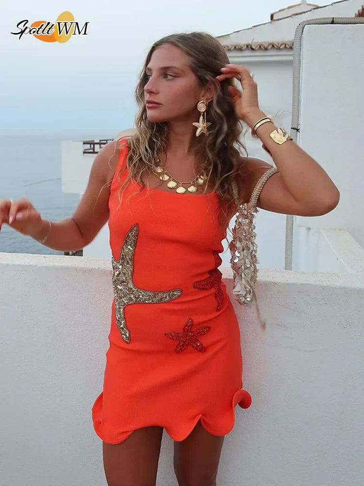 Mirla | Chic Shinny Sjöstjärna Tryck Volangkant Mini Klänning Mode Bodycon Ärmlös Rygglös Kort Klänningar Sommar Kvinnliga Strandklänningar-Eva Jonsson